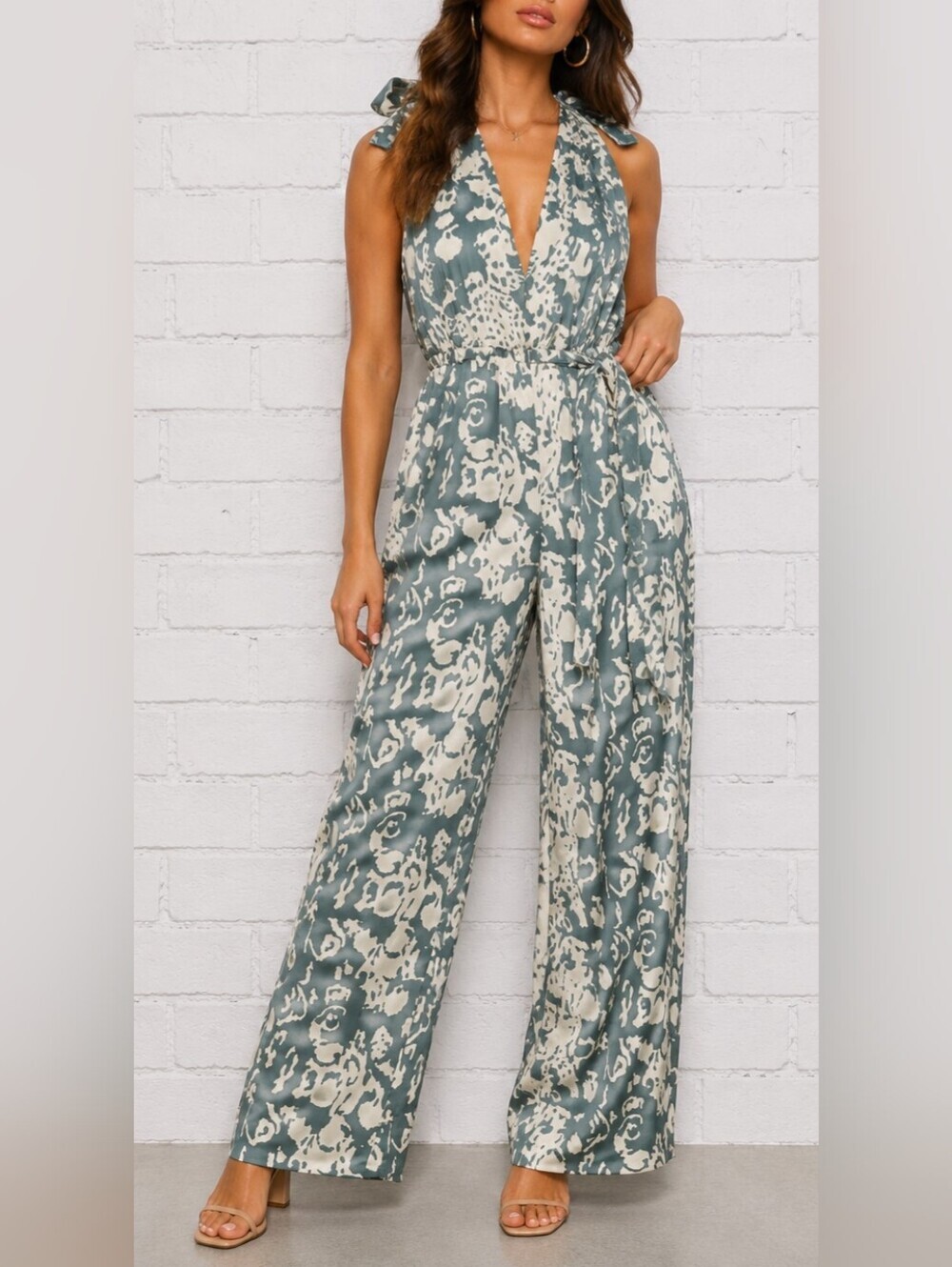 SHEIN Halter Wide Leg Jumpsuit Green White Resort Vacation XL